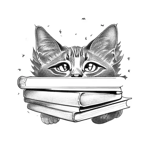 stack of books with cat magical tattoo design idea