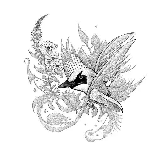 a magpie with flowers tattoo design idea