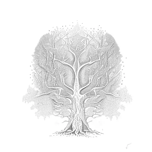 A towering tree with intricate Celtic patterns carved into the bark, surrounded by falling autumn leaves tattoo design idea