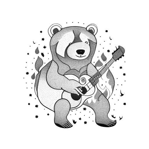 A bear playing a guitar surrounded by fire and trees tattoo design idea