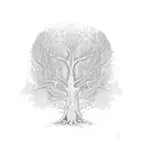 A towering tree with intricate Celtic patterns carved into the bark, surrounded by falling autumn leaves tattoo design idea