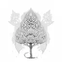 A towering tree with intricate Celtic patterns carved into the bark, surrounded by falling autumn leaves tattoo design idea