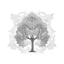 A towering tree with intricate Celtic patterns carved into the bark, surrounded by falling autumn leaves tattoo design idea