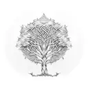 A towering tree with intricate Celtic patterns carved into the bark, surrounded by falling autumn leaves tattoo design idea