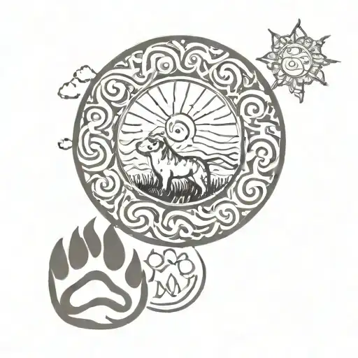 Satürn, sun, circle, waves, trees, paws unity  tattoo design idea