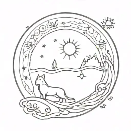 Satürn, sun, circle, waves, trees, paws  tattoo design idea