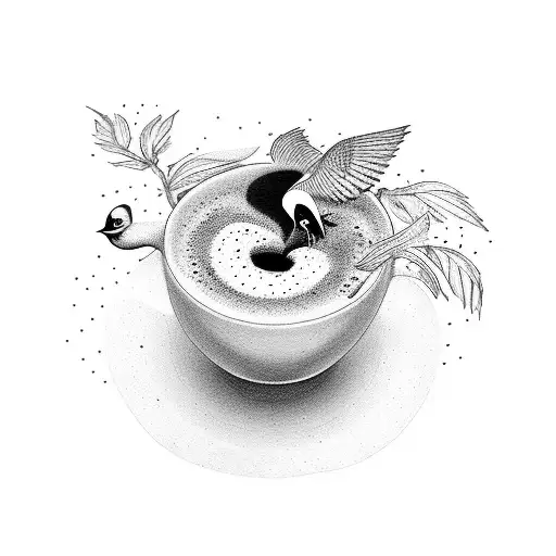 bird emerging from a cup of coffee seen from the front tattoo design idea