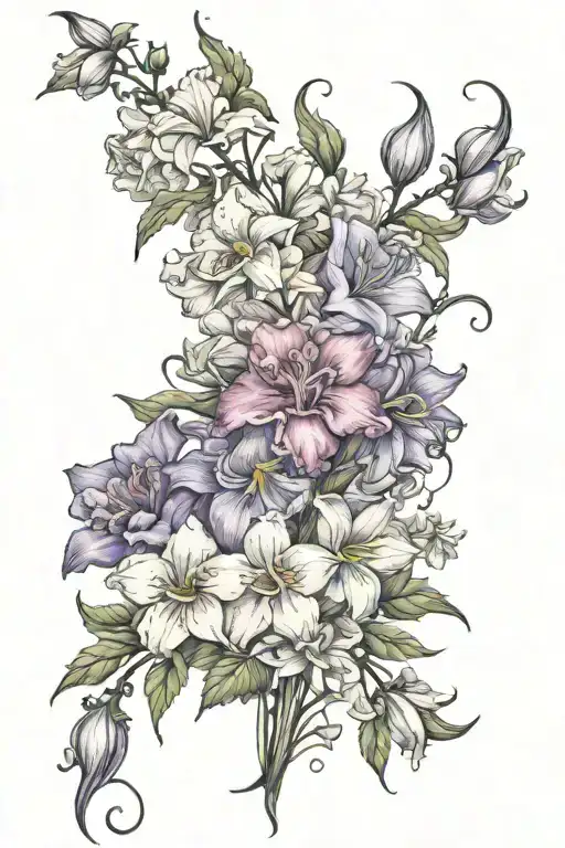 carnations, violets, daffodils,may bells, roses, water lilys, gladiolus's, morning glory's, cosmos, and narcissus's  tattoo design idea