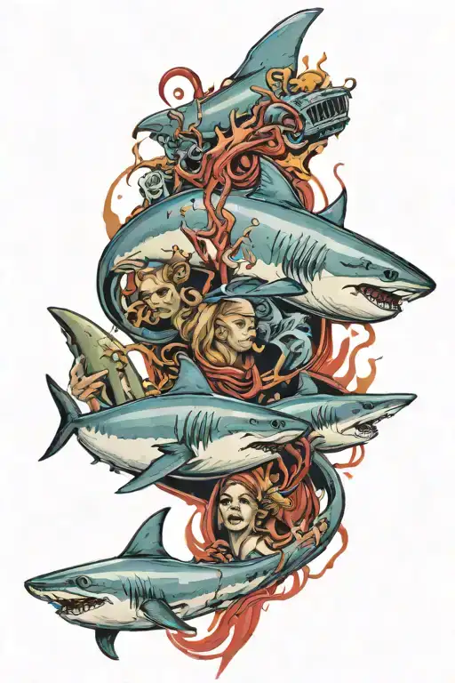 includes filmmaking, hard rock , shark, 2 female angels, and the phrase "blood and sweat" tattoo design idea