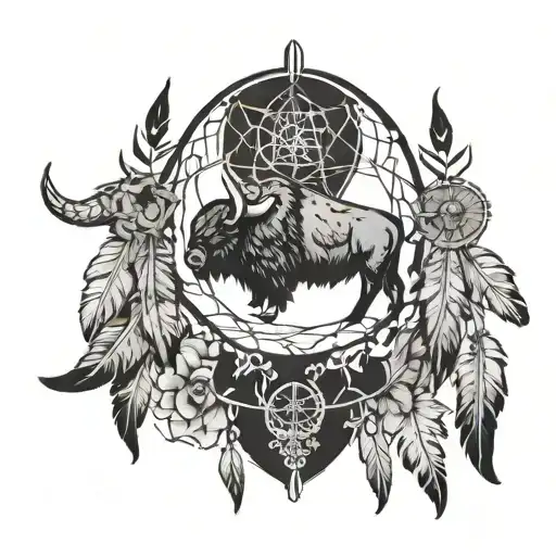 Buffalo dream catcher with an angry pikachu coming off thé feathers tattoo design idea