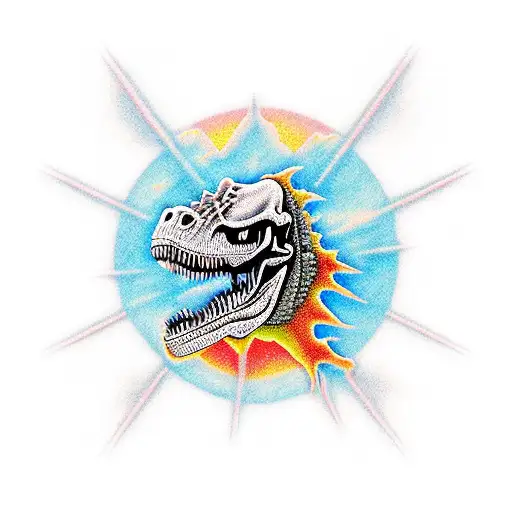dinosaurs skeleton red sun tattoo design idea