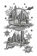 black Detroit skyline, with cool touches of stars " gangster tattoo design idea