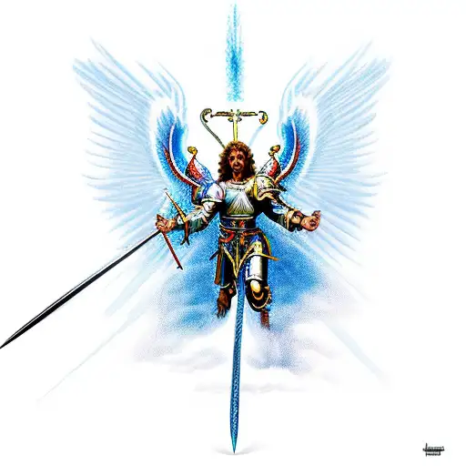 St Michael archangel battling a dragon in a modern new-school style tattoo design idea