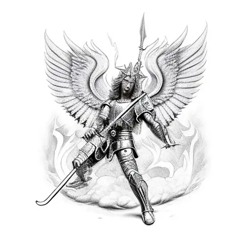 St Michael archangel battling a dragon in a modern new-school style tattoo design idea