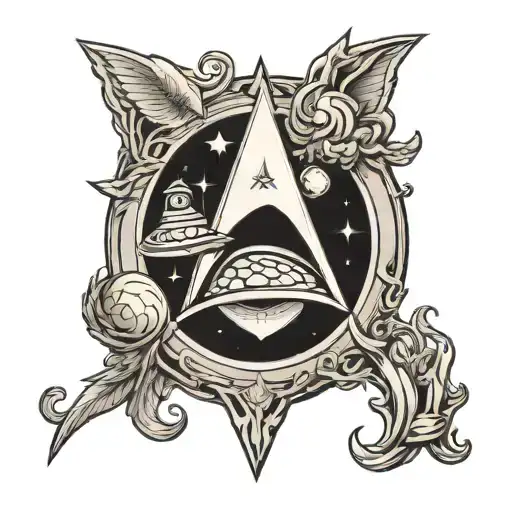 Design my a tattoo in black and white, which should include a federation of plantets logo form star trek enclosed into a tattoo design idea