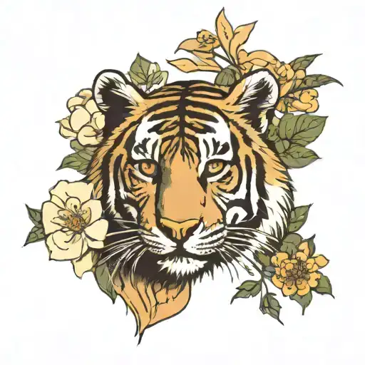 Retro style tattoo that features a full bengal tiger surrounded by the Diphylleia Grayi flowers tattoo design idea