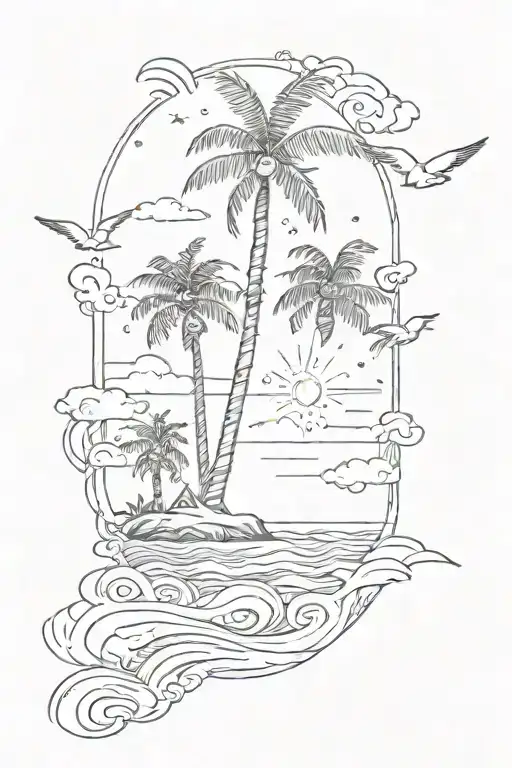 Beach scene featuring palm trees on forearm, birds flying, sun setting, taylor swift quote underneath  tattoo design idea