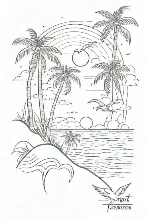 Beach scene featuring palm trees on forearm, minimalist birds flying, sun setting, taylor swift quote underneath  tattoo design idea