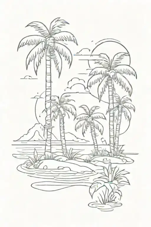 Beach scene featuring palm trees on forearm  tattoo design idea