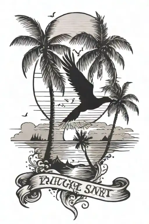 Beach scene featuring palm trees on forearm, minimalist birds flying, sun setting, taylor swift quote underneath  tattoo design idea