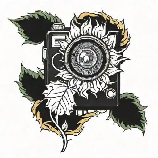 A Van Gogh inspired sunflower with a hidden image of a camera lens, representing the love for photography and art tattoo design idea