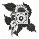 A Van Gogh inspired sunflower with a hidden image of a camera lens, representing the love for photography and art tattoo design idea