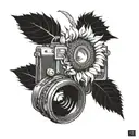A Van Gogh inspired sunflower with a hidden image of a camera lens, representing the love for photography and art tattoo design idea