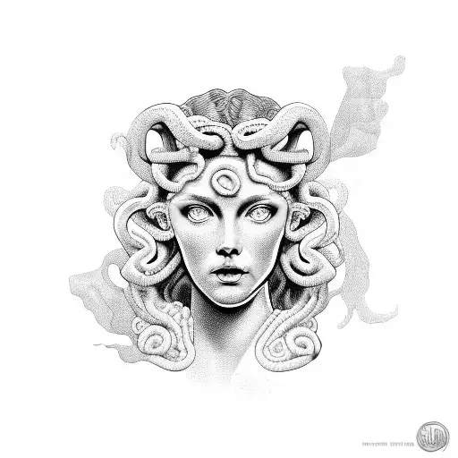 Medusa with a Greek meander background tattoo design idea