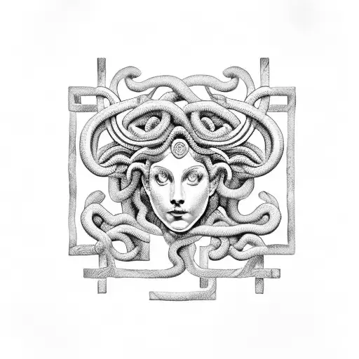 Medusa over a Greek meander pattern tattoo design idea