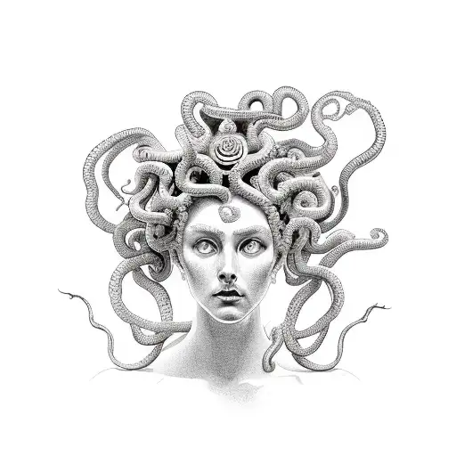 Medusa with a Greek meander background tattoo design idea