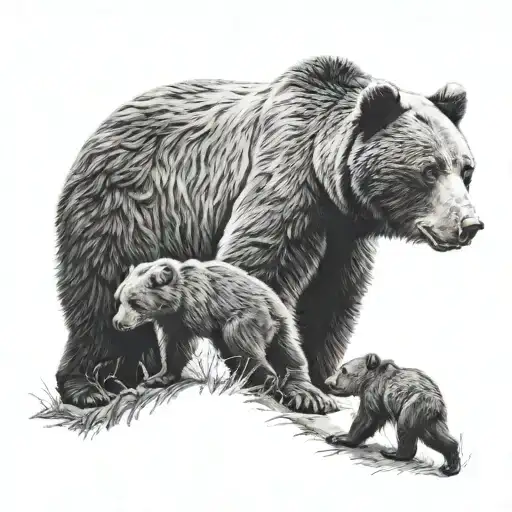 fierce mama bear and three cubs playing tattoo design idea