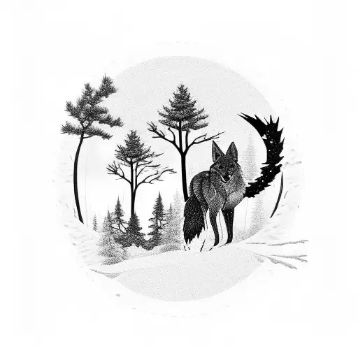 black pinetree silhouette sleeve with coyote and buck facing off  tattoo design idea