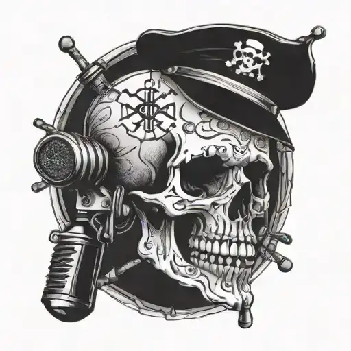 Combine a vintage microphone with a skull and crossbones motif tattoo design idea