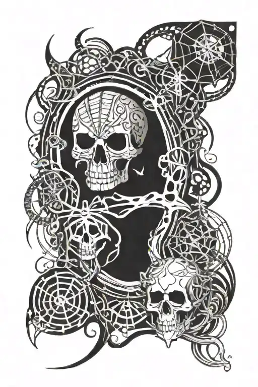 Neo tribal arm sleeve, spider webs and spiders, bones and skulls and cars tattoo design idea