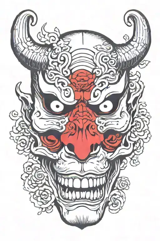oni mask split in half with scull inside tattoo design idea