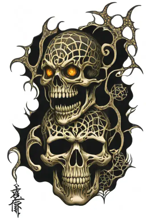 Neo tribal arm sleeve, spider webs and spiders, bones and skulls and cars tattoo design idea