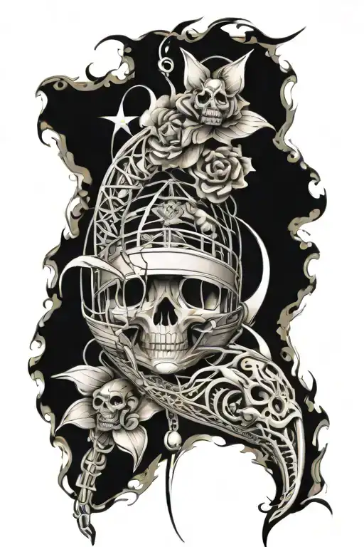 Neo tribal arm sleeve, featuring a boat, butterfly, koi fishes, spider webs and spiders, bones and skulls and cars tattoo design idea