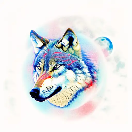 wolf howling, red blue and white tulips, full moon background, tattoo design idea