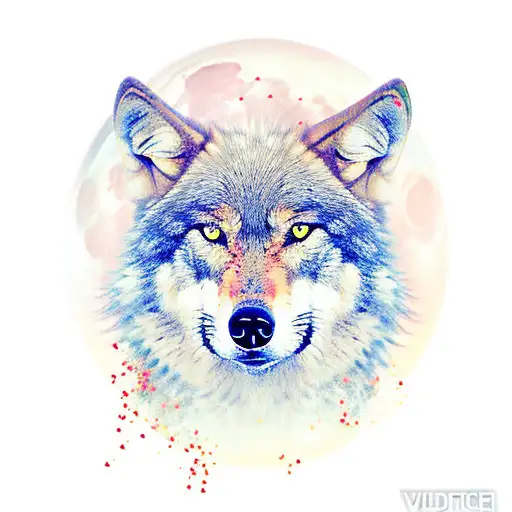 wolf howling, tulips foreground, full moon background, tattoo design idea