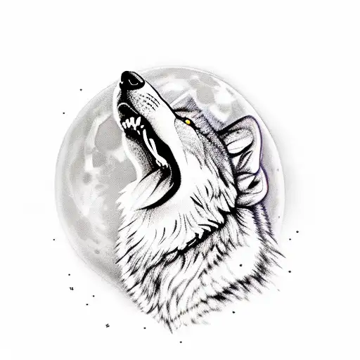 wolf howling, tulips, full moon background, tattoo design idea