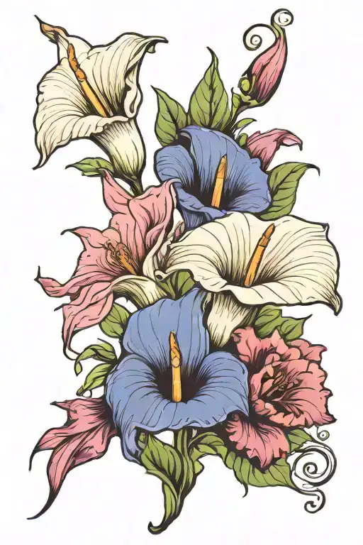 calla lily, morning glory and carnation flower tattoo design idea