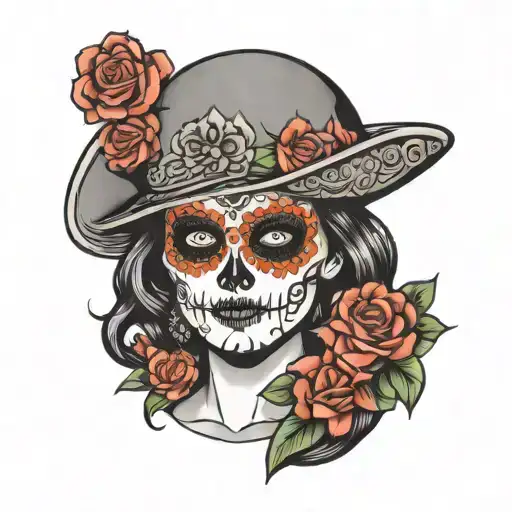 woman with day of the dead wearing Spaniard helmet  tattoo design idea