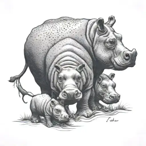 mother hippopotamus and 2 baby hippopotamus enjoying the view tattoo design idea