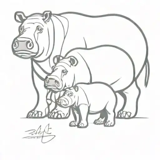 mother hippopotamus and 2 baby hippopotamus enjoying the view tattoo design idea