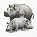 mother hippopotamus and 2 baby hippopotamus enjoying the view tattoo design idea