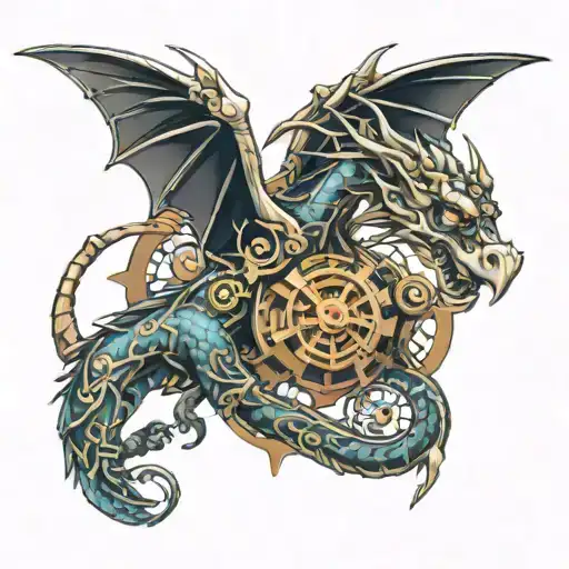 steampunk dragon intertwined tattoo design idea