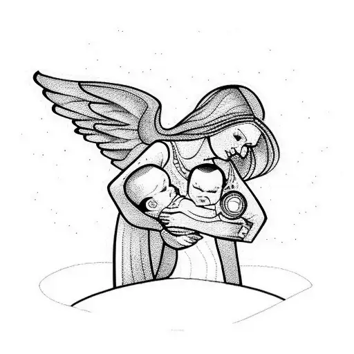 mother and son and the baby angel due to miscarriage tattoo design idea
