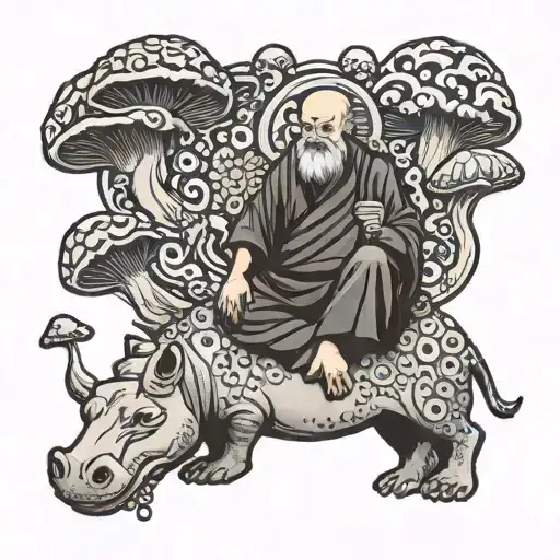 a peacefull monk on the back of a hippo surrounded by magic mushrooms tattoo design idea