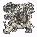 a peacefull monk on the back of a hippo surrounded by magic mushrooms tattoo design idea