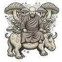 a peacefull monk on the back of a hippo surrounded by magic mushrooms tattoo design idea